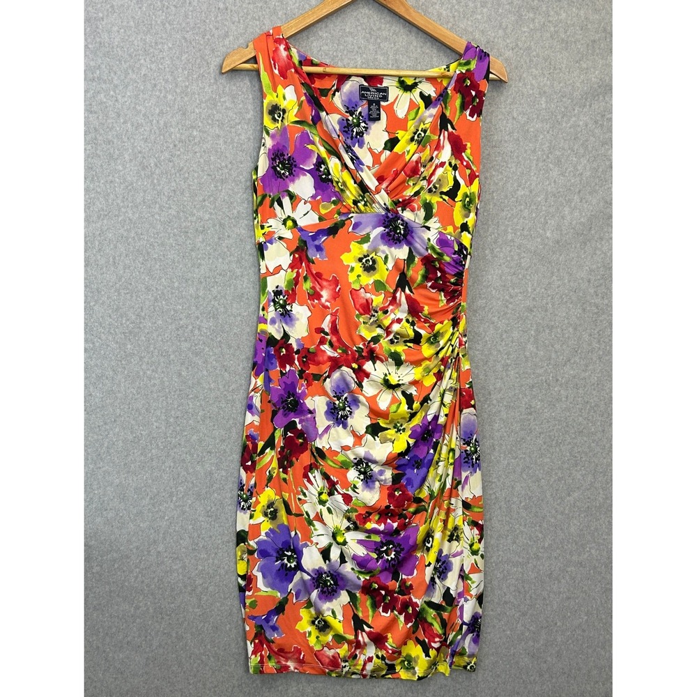 American Living Sz 8 Sheath Midi Dress Colorful Floral Resort Ruched Sleeveless